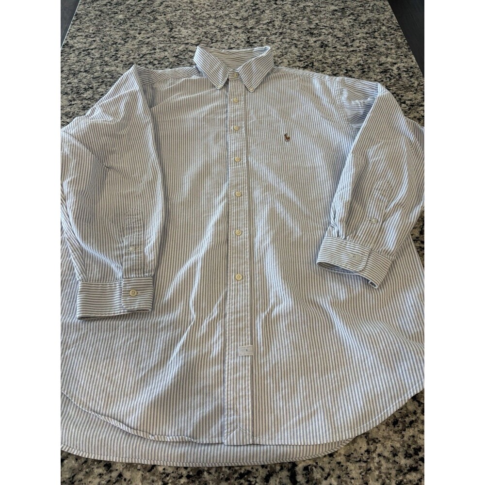 Vintage Ralph Lauren Yarmouth Shirt Men 17-34 Blue White Striped Oxford